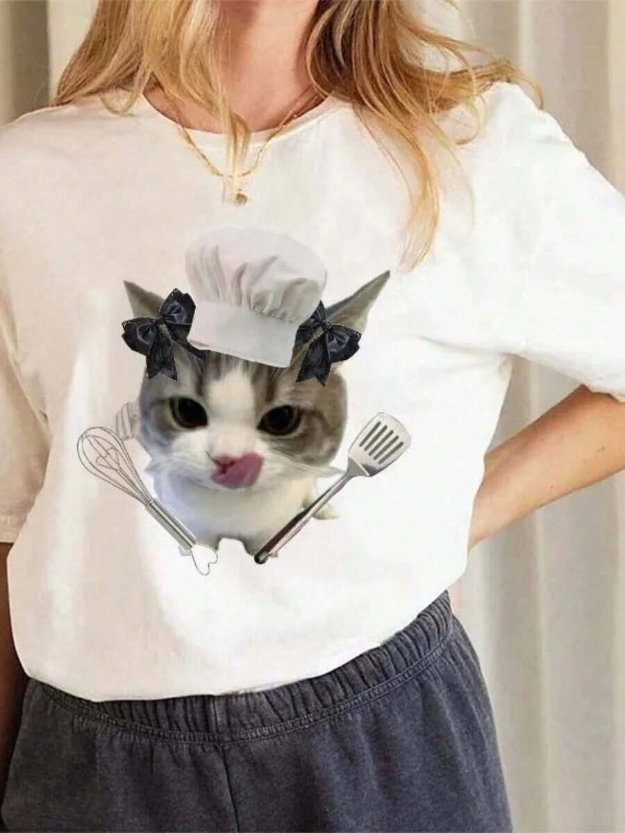 Women's Casual Short Sleeve T-Shirt, Round Neck, Sardine Style Cartoon Print, Summer Clothes For Women, Harajuku T-Shirt - 白色 6 - 查看 1