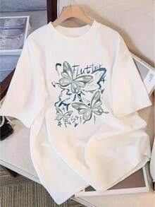 Round Neck Top. Classic And Unique Butterfly Print Top For Women, Summer Design, Niche, Loose Fit, Short Sleeve T-Shirt That Flatters The Figure, Suitable As A Base Layer. Comfortable And Loose. - 白色 - 查看 7