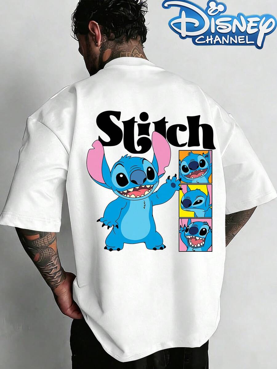 Disney Lilo & Stitch "Stitch Moods" Graphic PrintMen's Short-Sleeved T-Shirt With Zootopia 2 Design. Crew Neck, Casual And Comfortable, Breathable And Lightweight, Suitable For Sports And Casual Wear. - trắng - Xem 1