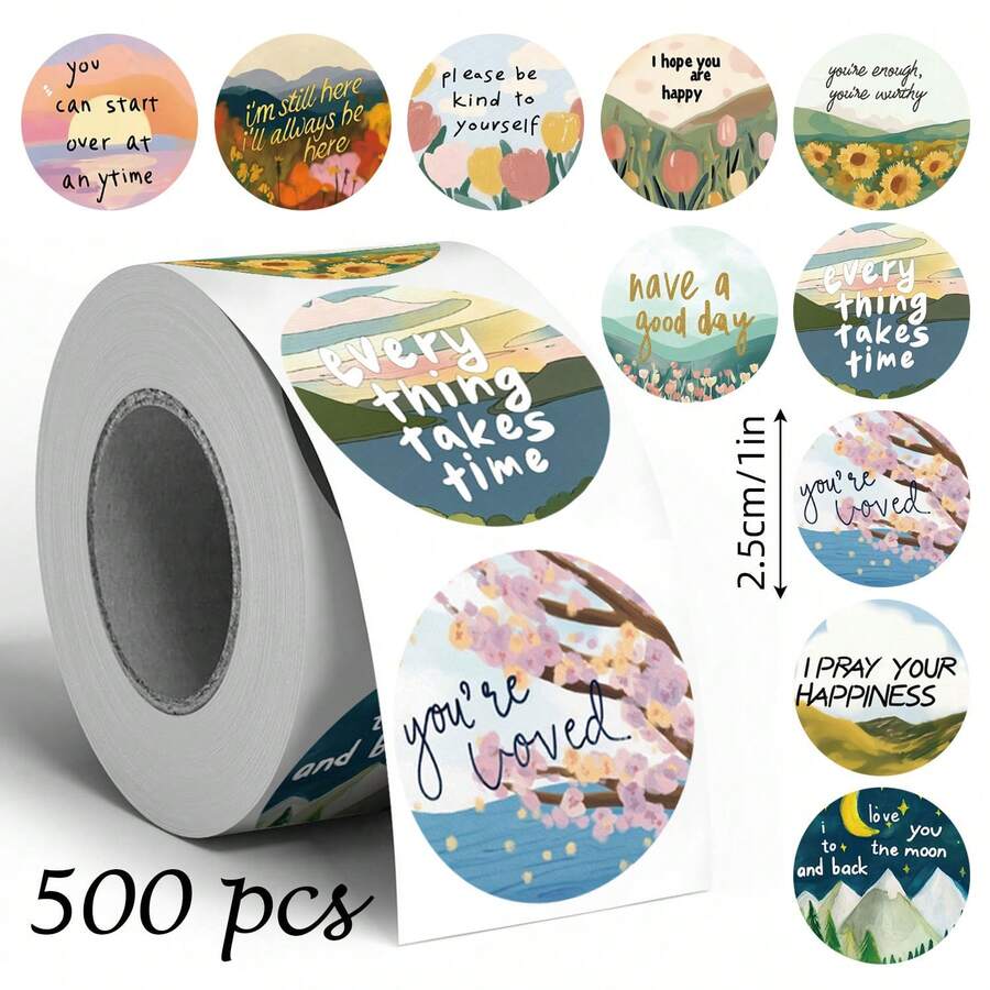 500张/卷励志贴纸,10种图案 - “希望你快乐”、“善待自己”、“你值得拥有”、“凡事都需要时间”,家庭培训标签,展示贴纸,礼品包装封条 - 卡通 - 查看 1