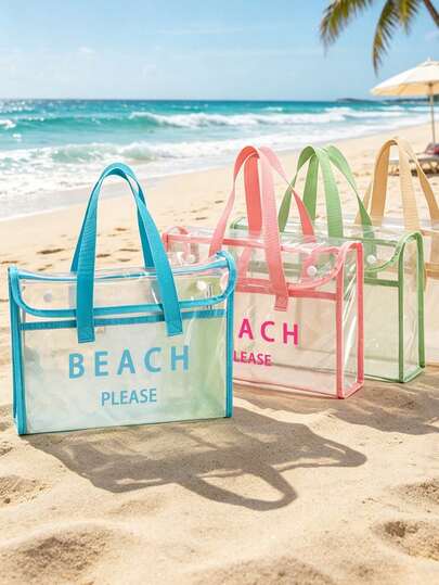 PVC Waterproof Beach Bag With Colorful "BEACH PLEASE" Pattern,Women's Beach Bag, Transparent Tote Bag, Jelly Tote Bag, Large Pool Handbag, Cruise Holiday Essential, Beach Bag Accessories, Travel Essential,Suitable For The Beach, Travel, Shopping, Outdoor Activities, Work, School, And Everyday Use,Unique Birthday Gifts, Holiday Gifts, Party Gifts, Mother's Day Gifts, Vacation Gifts, Wedding Gifts, Back-To-School Gifts