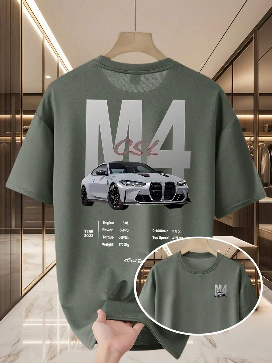 Men's Casual Summer T-Shirt, New Collection, Round Neck, Short Sleeve, Knit Fabric, Cool And Comfortable, Double-Sided "M10.16cm" Print On Front And Back, Ideal For Outdoor Activities, Printed Summer T-Shirt For Men - 深灰色 - 查看 1
