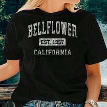 New Release Streetwear Style Short Sleeve T-Shirt, 1 Piece, Bellflower California Ca Vintage, Women's Vintage Sports T-Shirt, Printed T-Shirts, 100% Cotton. - 黑色 - 查看 3