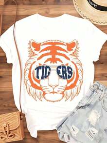 Women's Cotton T-Shirts With Tiger Face Print With Sunglasses, T-Shirt For Women And Men, College Team Spirit Clothing, Perfect For Game Day And Fan Events, Basic Women's Blouses. - 白色 - 查看 3