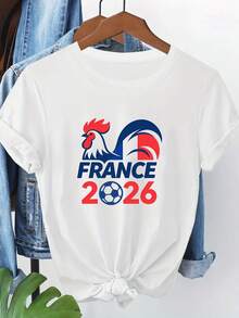 Women's Spring/Summer T-Shirt. Casual Short-Sleeved T-Shirt With A Round Neck And A Gaulish Rooster Football Logo By FRAN. A Modern And Comfortable Top For Women, The Perfect Choice. Create Everyday Looks That Make You Look Slimmer. - 白色 - 查看 7