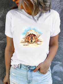Women's Printed Short-Sleeved T-Shirt, Modern And Casual, Machine Washable, Comfortable Fit, 2D Flat Print, Urban Vintage Style, Unisex, Cotton, Round Neck. - 白色 - 查看 7