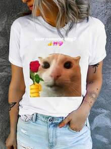Women's Casual White Cotton T-Shirt With Fun Pet Graphic, Unisex Vintage Urban Style Loose Short Sleeve Top, Loose Cotton Short Sleeve Round Neck T-Shirt. - 白色 - 查看 6