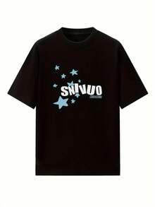 Camiseta gráfica 'SUNWO' para mujer - Camiseta negra de manga corta con estampado de estrellas, estilo casual y elegante, ajuste relajado para primavera/verano, ropa casual de verano |   Camiseta ajuste relajado |   Ajuste cómodo - Negro - Ver 2