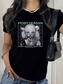 100% Cotton. Futuristic Android Figure With Metallic Details Symbolizing The Union Between Humanity And Modern Technology. Women's T-Shirt, 100% Soft And Comfortable Cotton For A Contemporary Urban Look. Women's Simple Solid Color T-Shirt, Loose And Slim Fit Casual Short Sleeve - 黑色 - 查看 11