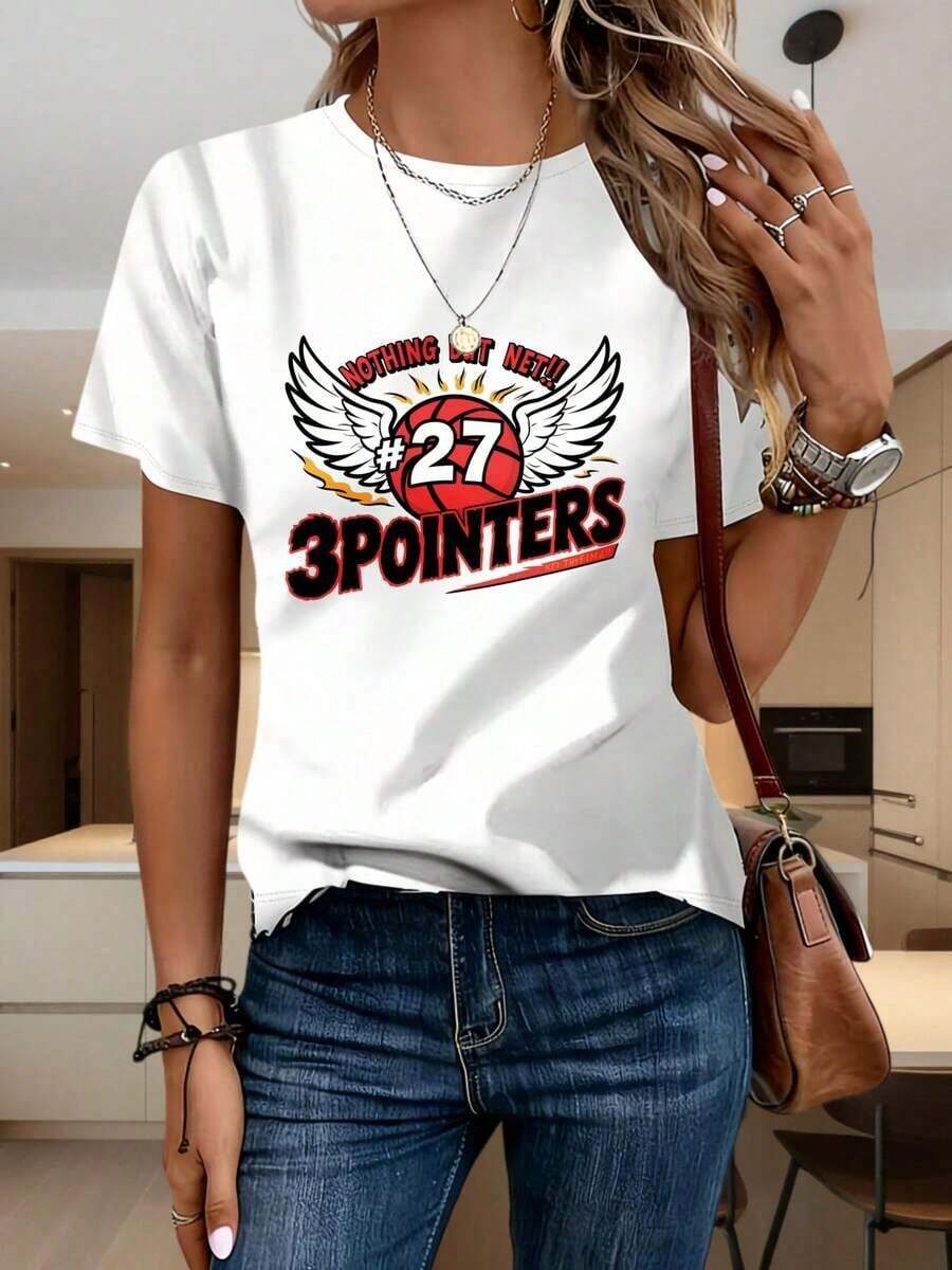 Nothing But Net 27 3pointers Women's Short Sleeve Crew Neck T-Shirt, Women's Basketball T-Shirt, Casual Short Sleeve Graphic Print T-Shirt, Fashionable Sports Top. The Interesting Basketball League Game Print Pattern Is Suitable For Christmas Parties, Sports Activities, Holiday Outings, Sports, And Other Holiday Gifts (220g). - 白色 - 查看 1