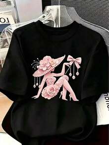 Women's Pink T-Shirt With 3D Floral Print And Pearls, Round Neck, Short Sleeve, Slim Fit, Casual Style For Spring Summer - Unisex Vintage Urban Style, Short Sleeve Cotton T-Shirt With Round Neck - 黑色 1 - 查看 6