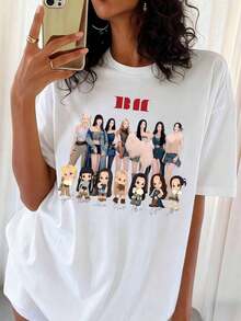 Fan Art T-Shirt Featuring Chibi Characters From B-BABYMONSTERS, T-Shirt For Fans Of The K-Pop Group - White - View 1