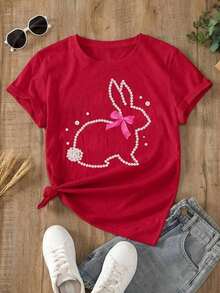 Women's Casual Summer T-Shirt With A Round Neck, Fitted Silhouette, And Short Sleeves, Featuring An Oil Painting Print With Floral, Heart, Cherry, And Lettering Designs. Simple, Casual Fabric With A Sporty Style, Perfect For Everyday Wear And A Valentine's Day Date. - YH1782-紅色 - 查看 2