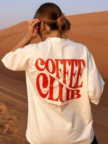 Women's "Coffee Club" Graphic Tee, Loose Fit, Heavyweight, Soft And Breathable, American Retro Style Short Sleeve, Suitable For Autumn, Desert Trips, Coffee Shop Visits And Everyday Casual Outings - 白色 - 查看 1