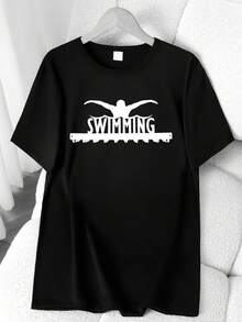 T-Shirt With A Simple WIING Graphic Print. Available In 6 Colors, Short Sleeves, Round Neck, High-Stretch Casual Sports Top. Machine Washable. Suitable For Spring And Summer. Can Be Worn In All Seasons. Women's Clothing. Elegant Party Outfit, T-Shirt For Elegant Ladies, Blouses Suitable For Curvy Women, Casual Wear, Cool And Sweat-Free Summer Wear, Fun Letter Print. - 黑色 - 查看 6