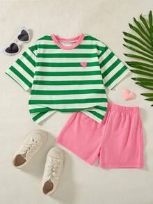 2pcs/Set Girls Casual Striped Print Decor Raglan Sleeve Top And Solid Color Shorts Set, Spring/Summer - Green - View 1