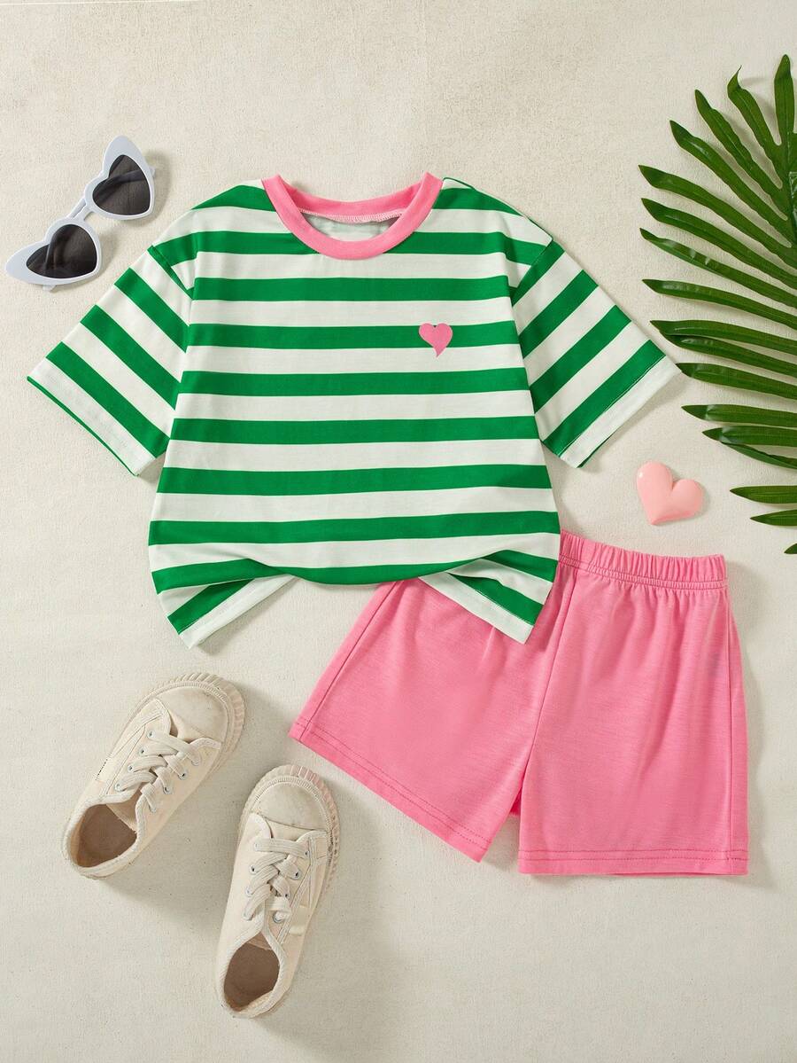 2pcs/Set Girls Casual Striped Print Decor Raglan Sleeve Top And Solid Color Shorts Set, Spring/Summer - Green - View 1