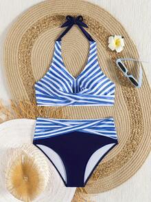 Sexy Bikini For Women, Striped Design With Deep V-Neck, Halter Neck And Quick-Drying Fabric - Blue - View 7