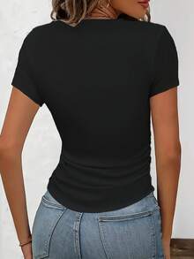 Artistic Floral Print - Y2K Style - Women's Casual T-Shirt, Elegant, Sporty, Small Size, Slim Fit, Solid Color, With Detailed Pleats At The Waist, Round Neck, Short Sleeve, Suitable For Four Seasons. - 黑色 - 查看 4