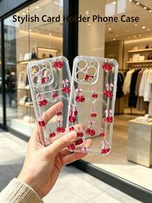 1 unidad Patrón de cerezas con lazos Funda para iPhone 17 PROMAX, protección anticaída con airbag reforzado en las cuatro esquinas, tarjetero invisible integrado en la parte trasera, compatible para tarjeta personal, carnet de conducir, tarjeta de acceso y tarjeta de transporte, funda protectora antigolpes portátil con ranura para tarjetas, diseño sencillo y elegante, ideal para uso diario, desplazamientos y viajes - transparente - Ver 3