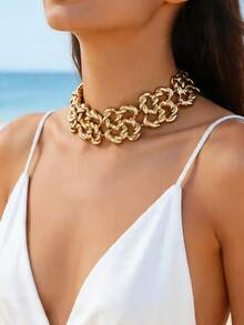 1 chiếc vòng cổ choker thời trang nữ, thiết kế cá nhân hóa, họa tiết xoắn ốc rỗng hình học bằng kim loại, phối hợp nhiều chất liệu. - Vàng - Xem 12