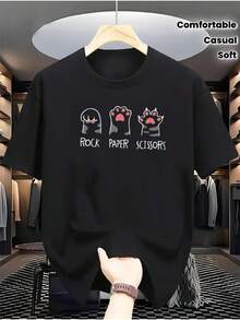 [Brilliant Extreme] Men's 100% Casual T-Shirt With Rock, Paper, Scissors Cat Print - Burgundy Crew Neck T-Shirt For Everyday And Weekend Wear, Soft And Comfortable Summer Fashion Tee - 黑色 - 查看 1