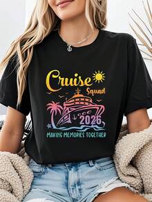 Women's T-Shirt With Letter Print "2026 Cruise Squad Gradient Vacation Elements Making Memories Together", Casual Short Sleeve Round Neck Top For Summer And Spring, Women's Clothing, Casual Printed T-Shirt, Short Sleeve And Round Neck, Spring/Summer Local Urban Fashion. - 黑色 - 查看 6