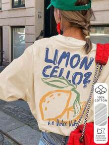 Women's 100% Cotton Loose-Fitting, Off-The-Shoulder Short-Sleeve T-Shirt With A Fresh Green Lemon Mug Graphic Print And Faith Text, Vintage American Healing Style, Versatile And Casual, Suitable For Summer Picnics, Campus Life, Daily Commutes, Lounging At Home, And Hanging Out With Friends - 杏 - 查看 1