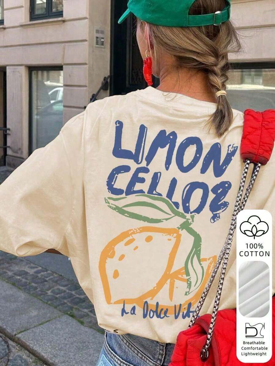 Women's 100% Cotton Loose-Fitting, Off-The-Shoulder Short-Sleeve T-Shirt With A Fresh Green Lemon Mug Graphic Print And Faith Text, Vintage American Healing Style, Versatile And Casual, Suitable For Summer Picnics, Campus Life, Daily Commutes, Lounging At Home, And Hanging Out With Friends - 杏 - 查看 1