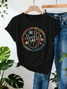 Women's "ASL I Love You" T-Shirt - Social Education And Inclusion T-Shirt - Casual Short Sleeve Crew Neck T-Shirts For Women - Spring/Summer - 黑色 - 查看 6