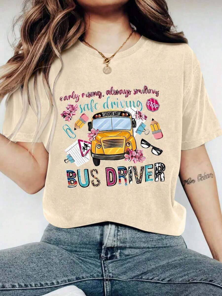 Short-Sleeved T-Shirt With Bus Print, Casual Round Neck Top For Spring And Summer, Women's Clothing, Round Neck, 100% Cotton, Soft Fabric, Short Sleeve. - 杏色 - 查看 1