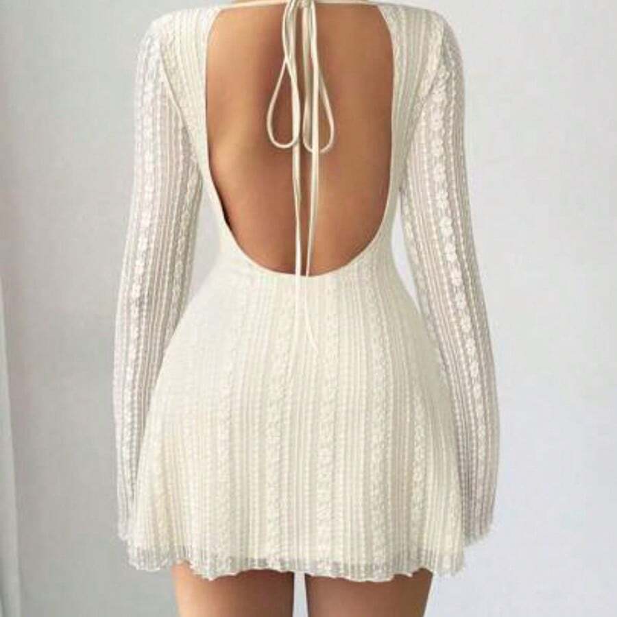 Vestido mini ajustado de encaje de estilo elegante, romántico y sexy para mujer, adecuado para fiestas, vacaciones, vuelta al colegio, citas románticas, bodas y cumpleaños - Manga larga - Albaricoque - Ver 1