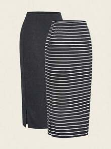 2 piezas Conjunto de falda casual de mujer a rayas y de unicolor, Conjunto a juego, Falda, Faldas para mujer, Falda a rayas, Casual - Gris - Ver 6