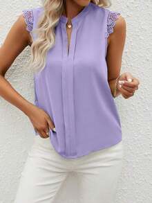 Clasi Camisa de mujer sin mangas de unicolor con cuello en V elegante y parche de encaje, verano - Púrpura malva - Ver 6