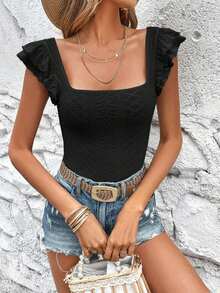 Camiseta con bordado con ojal de manga mariposa de cuello cuadrado - Negro - Ver 6