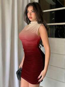 Vestido ajustado con fruncidos de estilo minimalista y sin mangas de unicolor para mujer - Burdeos 3 - Ver 3