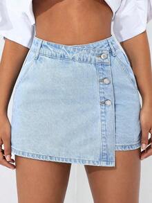 PETITE Short vaquero sexy con bolsillo frontal, cruce de cintura y abotonado para mujer - Lavado ligero 3 - Ver 7