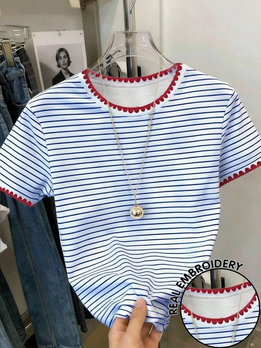 Camiseta gráfica para mujer, nuevo diseño de verano, blanca con bordado de corazón rojo y diente de perro, para uso al aire libre, estilo callejero, uso casual, citas, camiseta de manga corta para mujer - Multicolor 7 - Ver 1