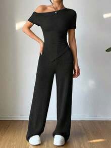 Set de 2 piezas: Camiseta con hombro asimétrico + Pantalones de pierna ancha y cintura baja, Ropa de estar en casa casual - Negro - Ver 3