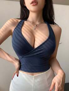 Top halter acanalado de un solo color, top de salida, top de tirantes, atuendo de crucero para mujeres - Azul marino - Ver 9