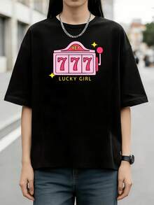 Retro Lucky Girl 777 Slot Machine Grafik-T-Shirt, 100% Baumwolle, Y2K Lucky Streetwear  Casual Top - Schwarz - Übersicht 1