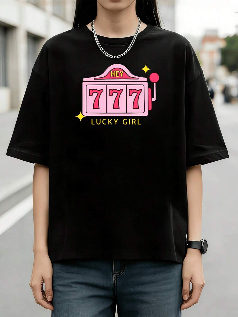Retro Lucky Girl 777 Slot Machine Grafik-T-Shirt, 100% Baumwolle, Y2K Lucky Streetwear  Casual Top - Schwarz - Übersicht 1
