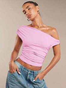 Blusa de verano con hombros asimétricos fruncidos en unicolor para mujer - Rosa Pálido - Ver 6