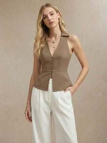Blusa sin mangas de cuello blanco para mujer, de estilo urbano moderno y elegante, versátil para uso diario, con un toque retro de los 90.Adecuada para Navidad, Año Nuevo, San Valentín, fiestas, playa, graduación, moda, festivales, vacaciones, in - Marrón 2 - Ver 2