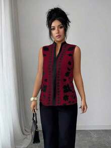 Blusa con cuello en V, estampada y sin mangas con cierre a media altura - Multicolor 9 - Ver 5