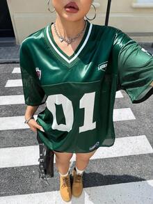 Camiseta casual de manga corta con cuello en V y estampado de letras para mujeres de talla grande - Verde - Ver 8