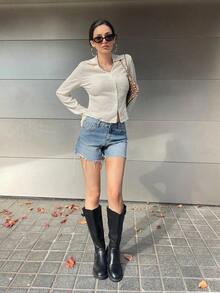 Camisa con botones delanteros sólidos, blusas de manga larga, ropa de otoño, blusas con estilo preppy - Beis - Ver 6