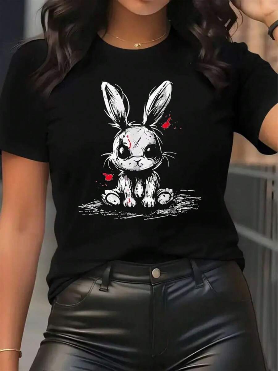 1 Women's Spring And Summer Crew Neck T-Shirt, Graffiti Style Print T-Shirt, Featuring A Unique Graffiti Style Cartoon Rabbit, Perfect For Modern Individuals Who Appreciate Art, An Ideal Holiday And Birthday Gift - Hitam - View 1