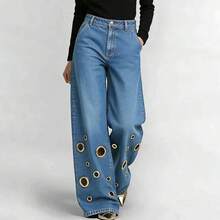 European And American New Denim Jeans With Women's Metal Eyelets Design, Casual And Loose High Waisted Wide Leg Jeans - màu xanh nhạt - Xem 6