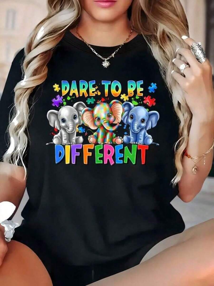 1 Piece Unisex Loose Fit T-Shirt 180g 100% Pure Cotton, Unique And Colorful T-Shirt With Adorable Elephant Design And The Message "Dare To Be Different" Ideal For A Y2K Look In Mexico Perfect For Any Occasion Highlight Your Personal Style With This Fun And Original Garment Available In Various Sizes - 黑色 - 查看 1